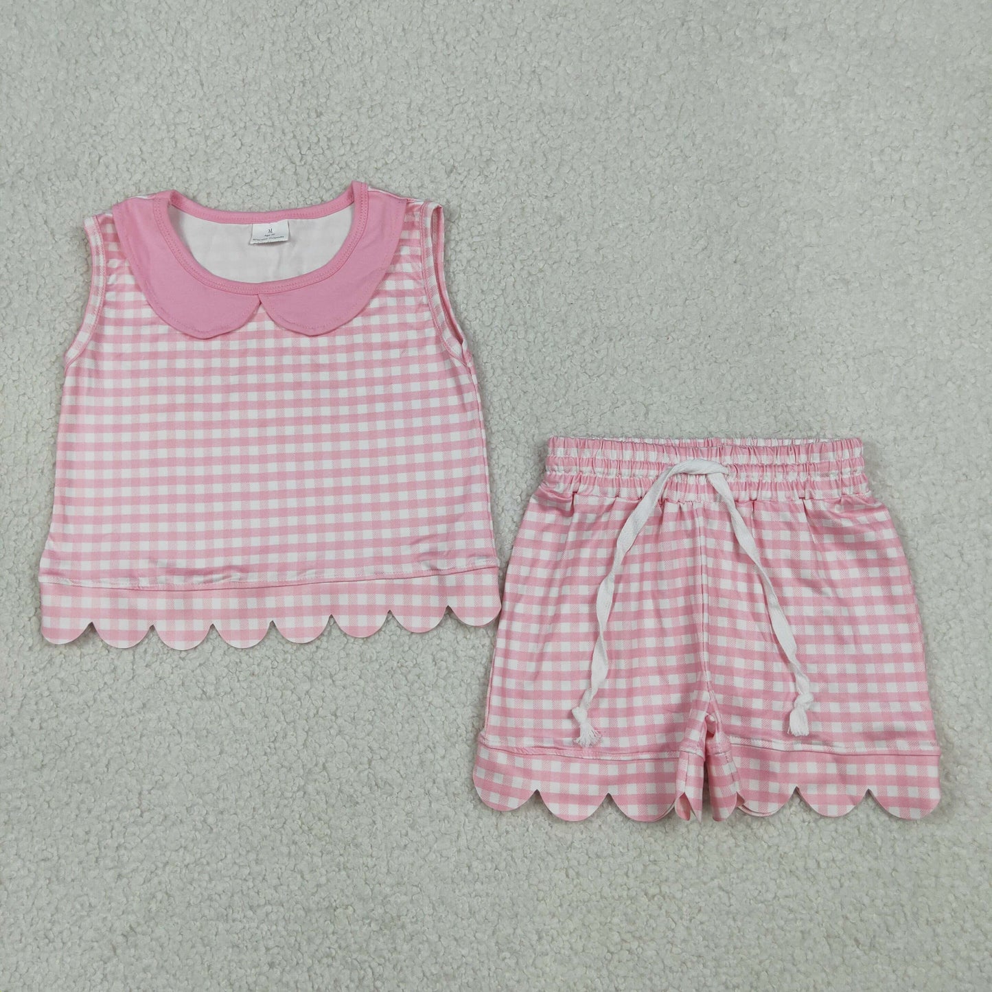 RTS NO MOQ milk silk GSSO3394 Pink Checked Collar Sleeveless Outfit Baby Girls Scallop Trim Short Suits
