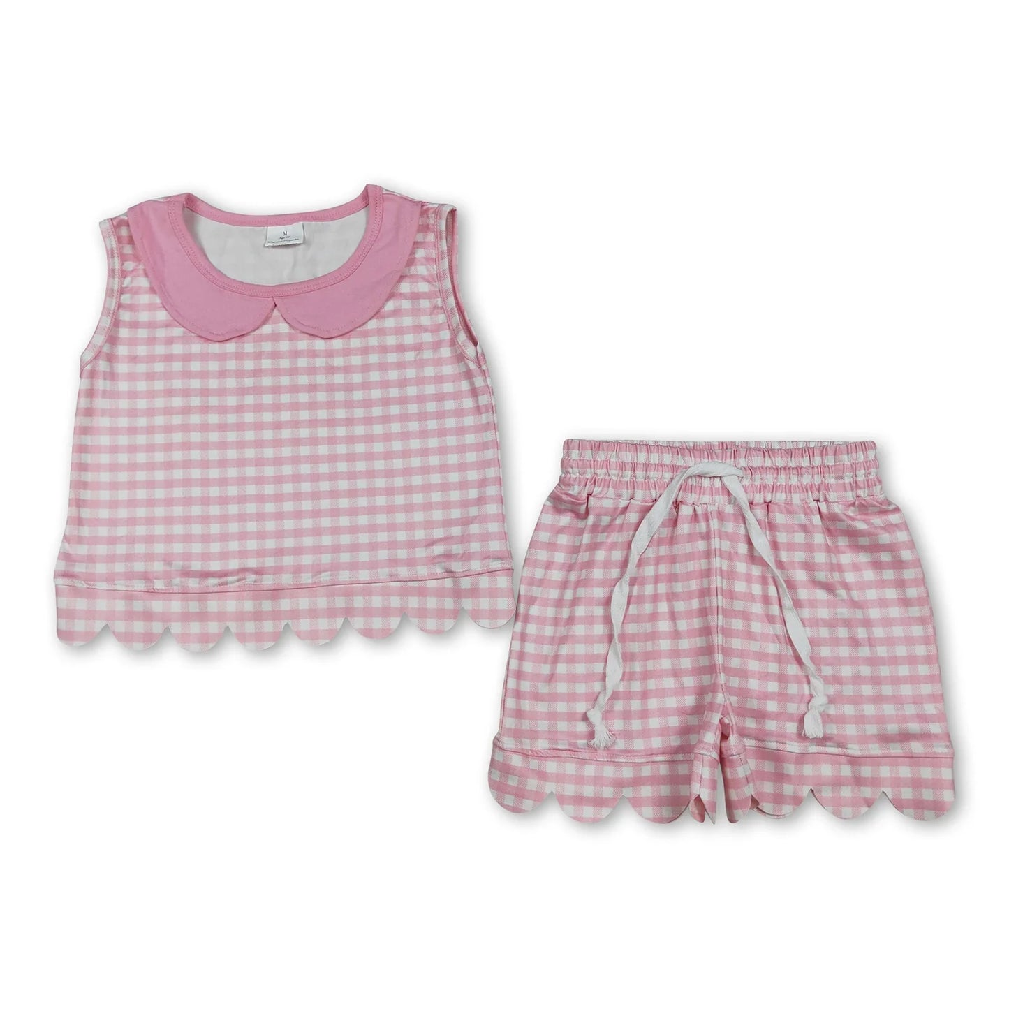 RTS NO MOQ Sibling milk silk Baby Girls Cute Check Collared Sleeveless Top Scallop Edge Shorts Clothes Set