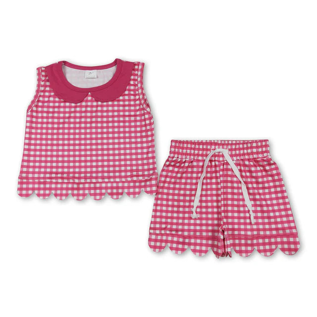 RTS NO MOQ Sibling milk silk Baby Girls Sleeveless Plaid Collar Scallop Two Piece Set