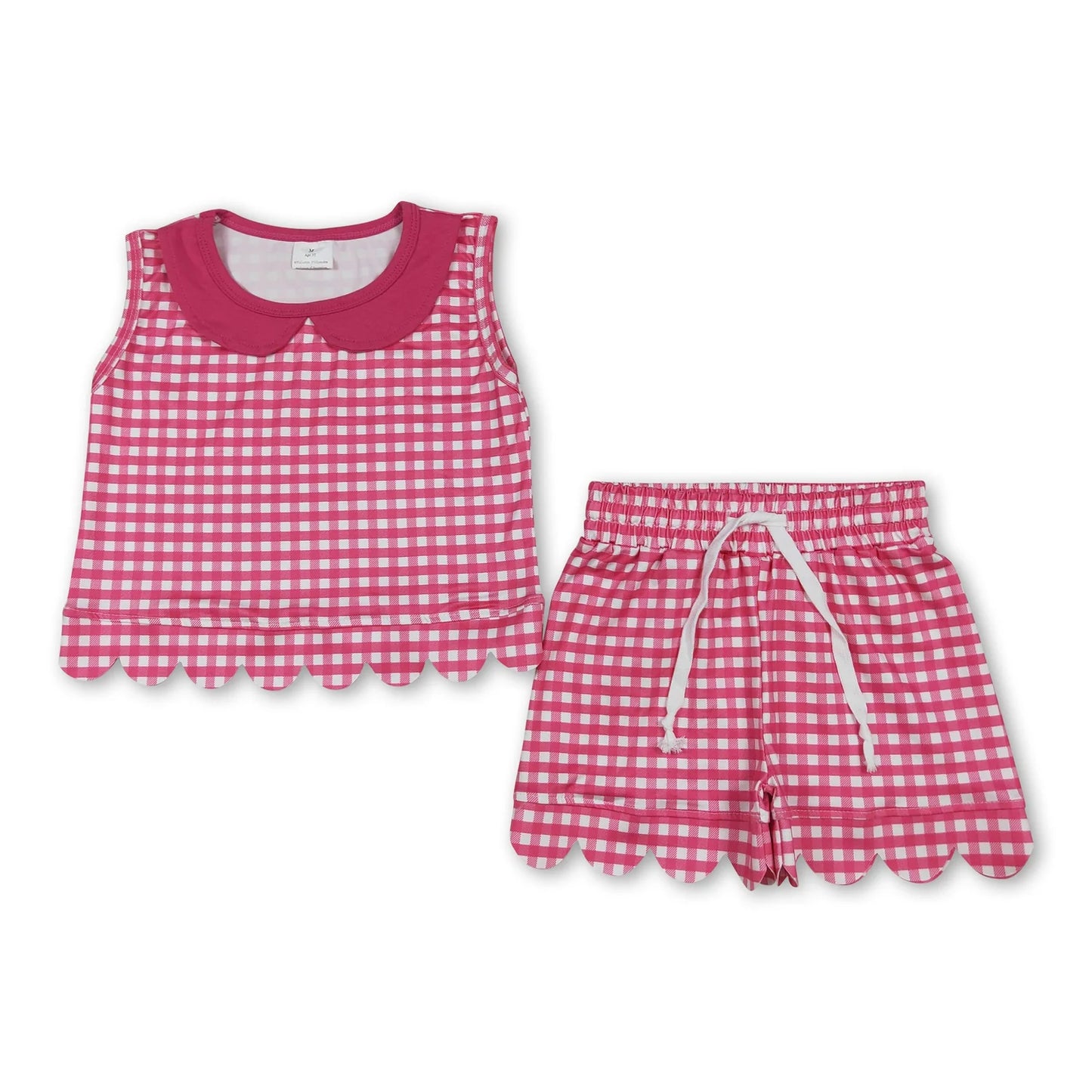 RTS NO MOQ Sibling milk silk Baby Girls Cute Check Collared Sleeveless Top Scallop Edge Shorts Clothes Set