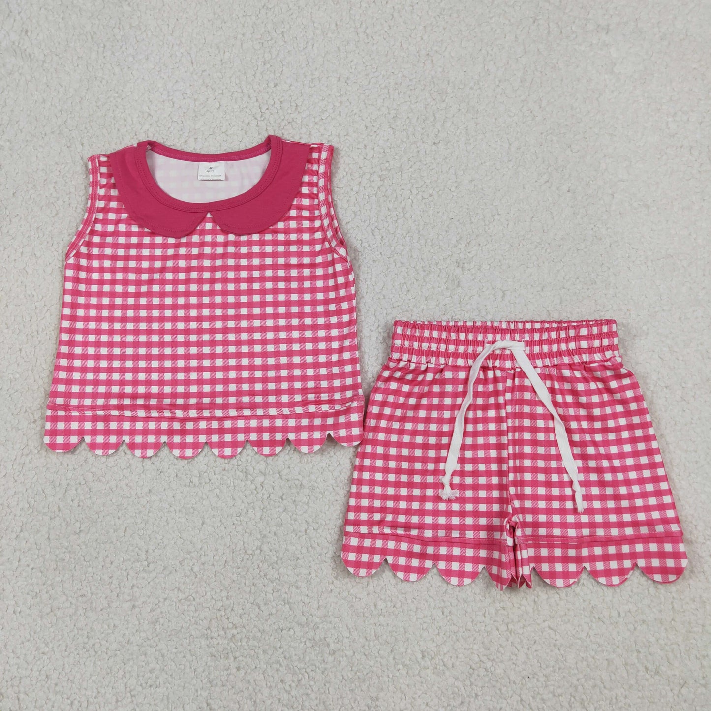 RTS NO MOQ milk silk GSSO3395 Baby Girls Cute Hot Pink Plaid Collar Sleeveless Two Piece Outfit