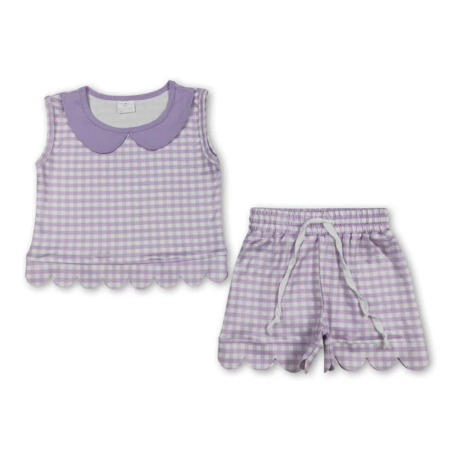 RTS NO MOQ Sibling milk silk Baby Girls Sleeveless Plaid Collar Scallop Two Piece Set