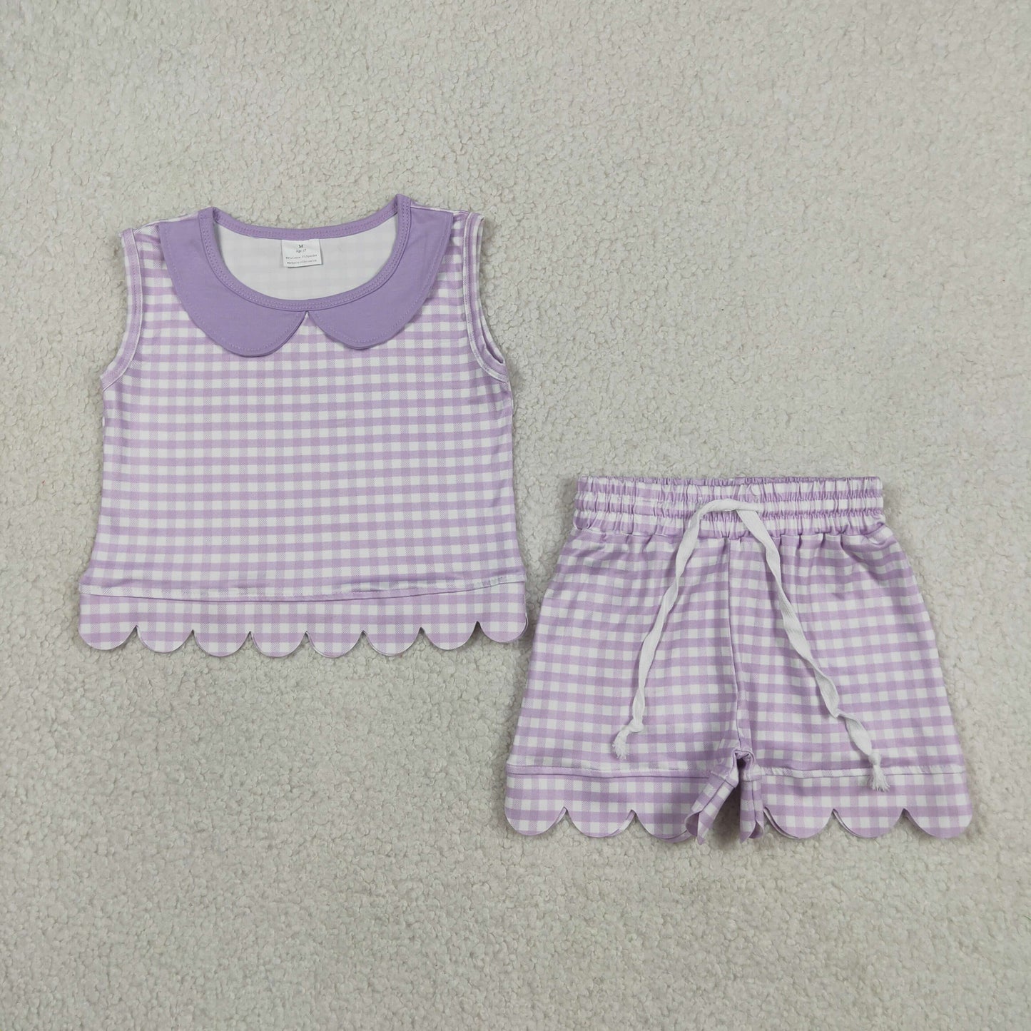 RTS NO MOQ milk silk GSSO3396 Baby Girls Lavender Check Collar Sleeveless Top Scallop Hem Shorts Set
