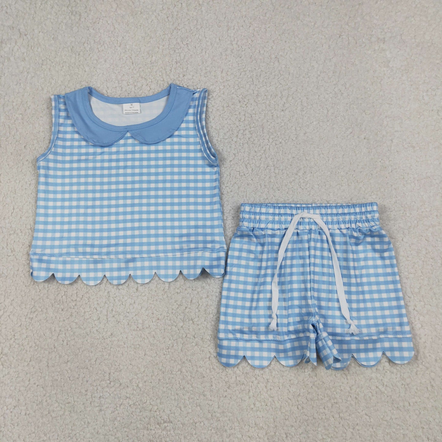 RTS NO MOQ Sibling milk silk Checked Collar Sleeveless Tops Baby Girls Scallop Hem Shorts Clothes Sets