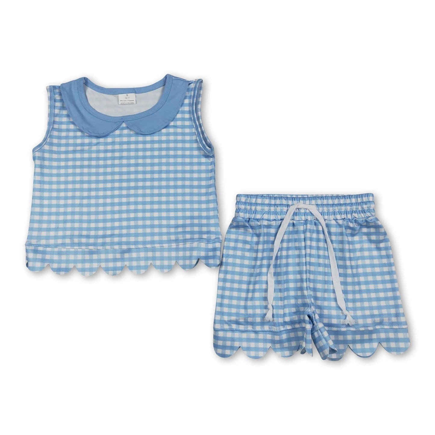 RTS NO MOQ Sibling milk silk Baby Girls Cute Check Collared Sleeveless Top Scallop Edge Shorts Clothes Set