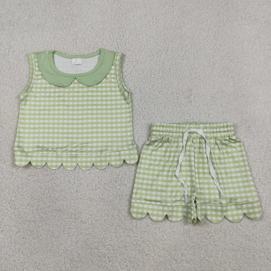 RTS NO MOQ milk silk GSSO3398 Baby Girls Cute Green Check Collar Top Scallop Casual Wear Set
