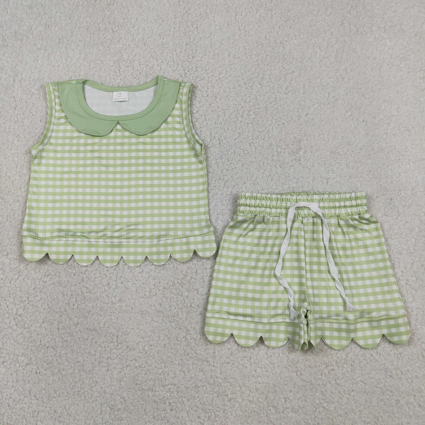 RTS NO MOQ Sibling milk silk Checked Collar Sleeveless Tops Baby Girls Scallop Hem Shorts Clothes Sets