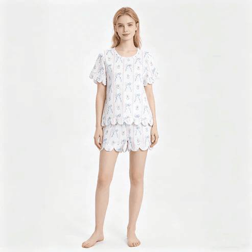RTS NO MOQ Sibling Mom And Me Bows Flowers Stripe Short Sleeve Top With Pockets Scallop Shorts Sets