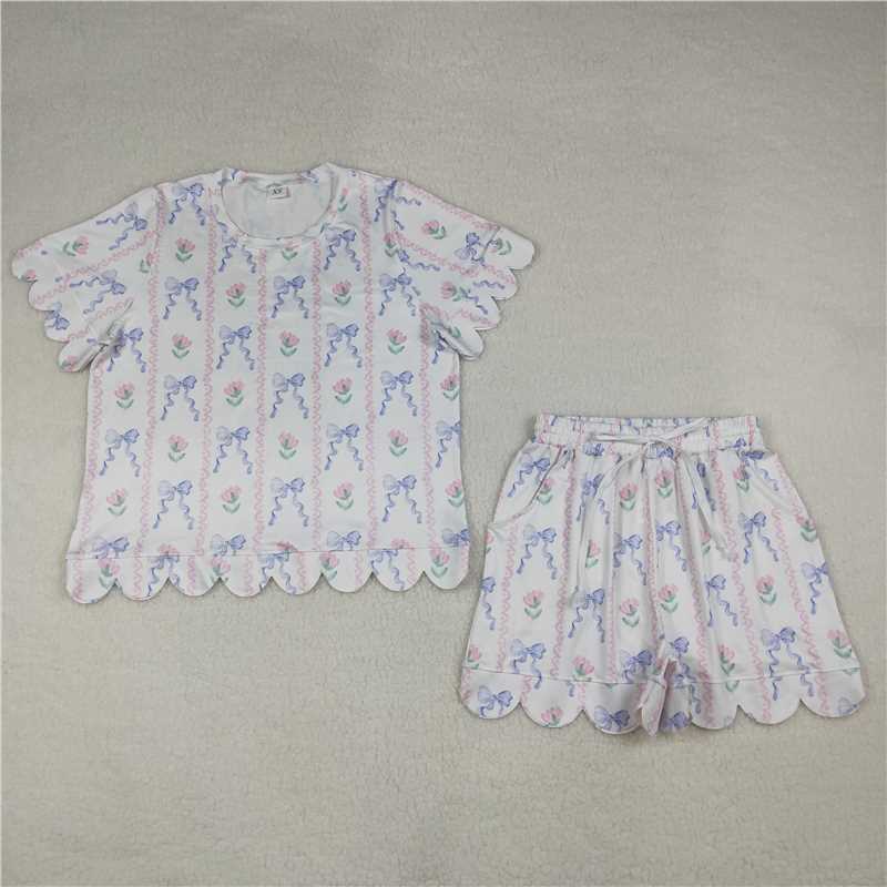RTS NO MOQ Sibling Mom And Me Bows Flowers Stripe Short Sleeve Top With Pockets Scallop Shorts Sets