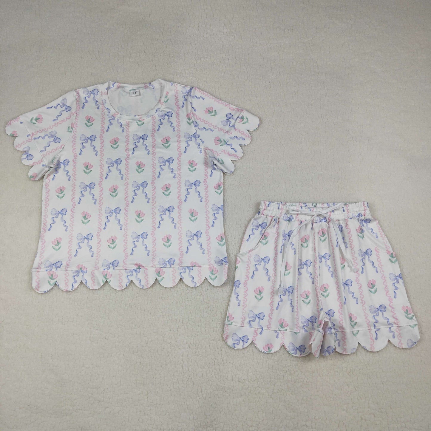 RTS NO MOQ GSSO3405 Adult Women's Bows Flowers Stripe Top with Short Scallop Clothes Set
