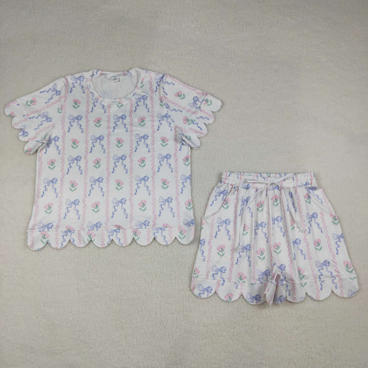 RTS NO MOQ GSSO3405 Adult Women's Bows Flowers Stripe Top with Short Scallop Clothes Set