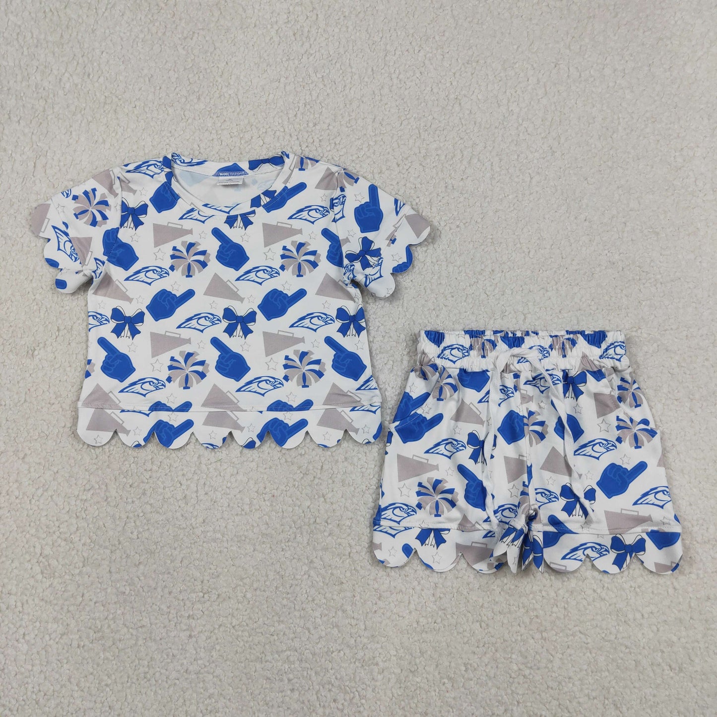 RTS NO MOQ milk silk GSSO3408 Baby Girls Bows Cheer Top Elastic Waist Scallop Pocket Shorts Set