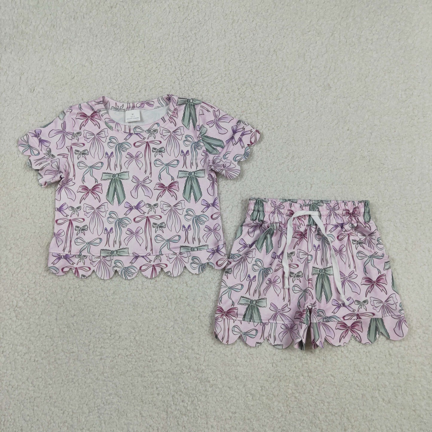RTS NO MOQ milk silk GSSO3409 Baby Girls Pink Green Bow Short Sleeve Scallop Pocket Shorts Set