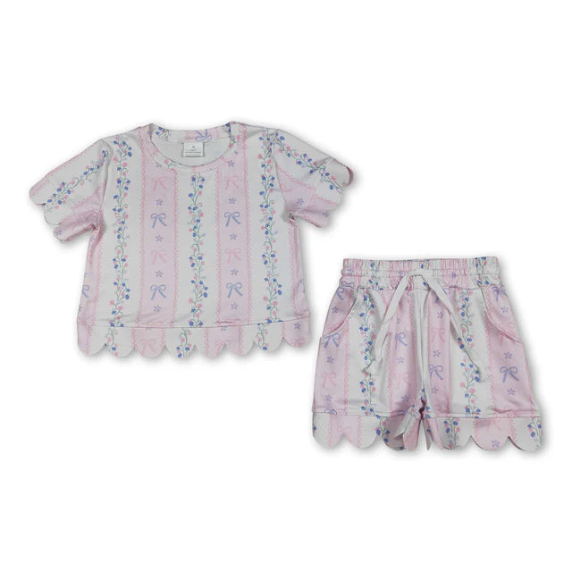RTS NO MOQ Sibling milk silk Baby Girls Colorful Flowers Scallop Trim Short Sleeve Tee And Elastic Waist Shorts Set