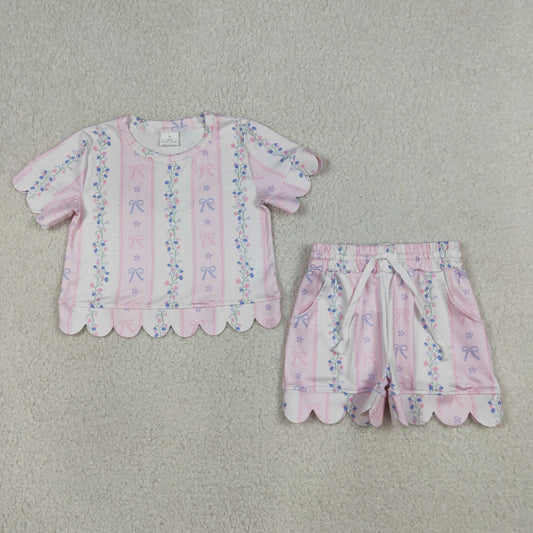 RTS NO MOQ GSSO3410 Baby Girls Flowers Bows Stripe Top with Pockets Scallop Shorts Outfit Set