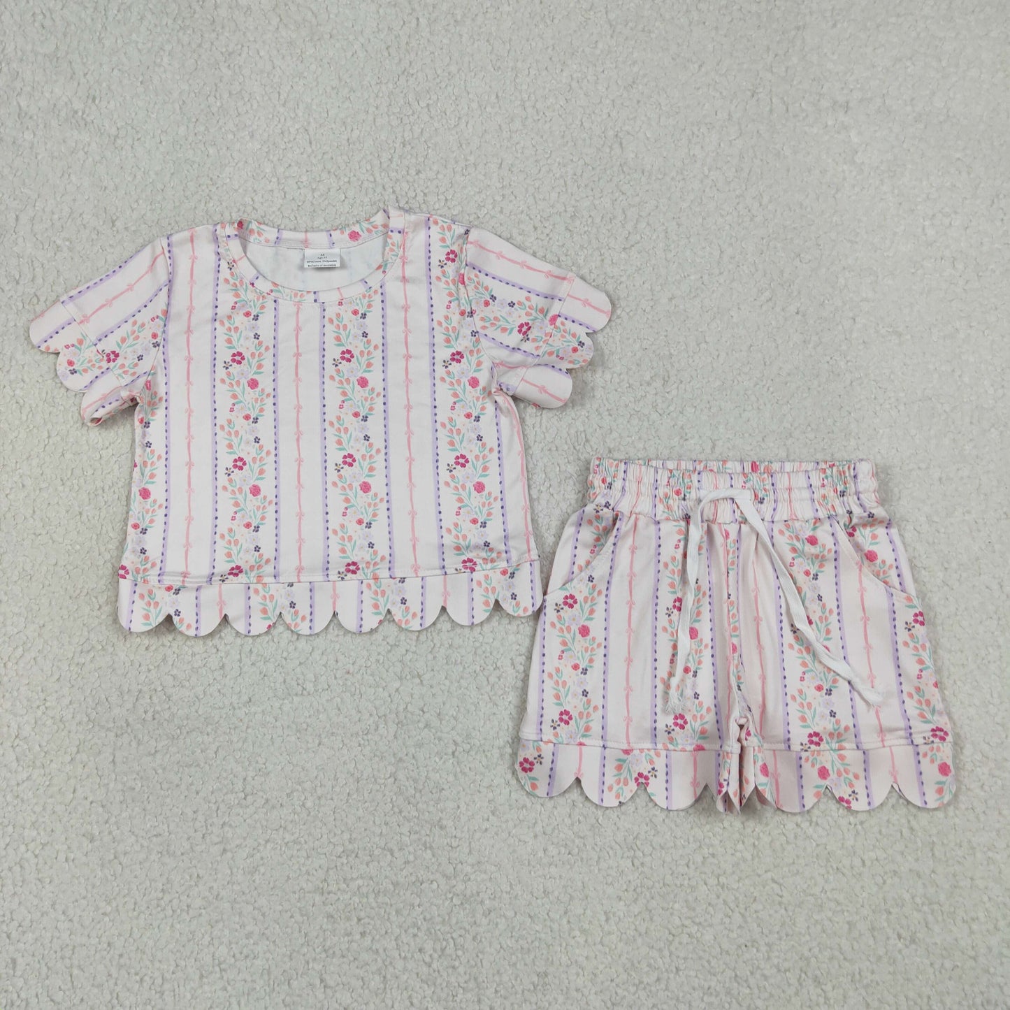 RTS NO MOQ milk silk GSSO3411 Baby Girls Floral Stripe Top With Pocket Scallop Shorts Summer Set