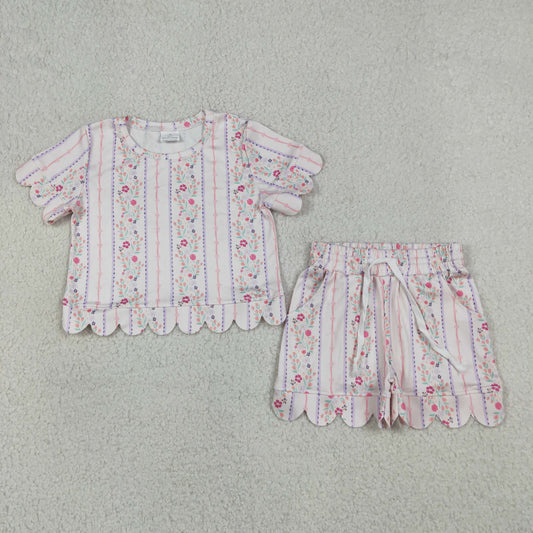 RTS NO MOQ milk silk GSSO3411 Baby Girls Floral Stripe Top With Pocket Scallop Shorts Summer Set