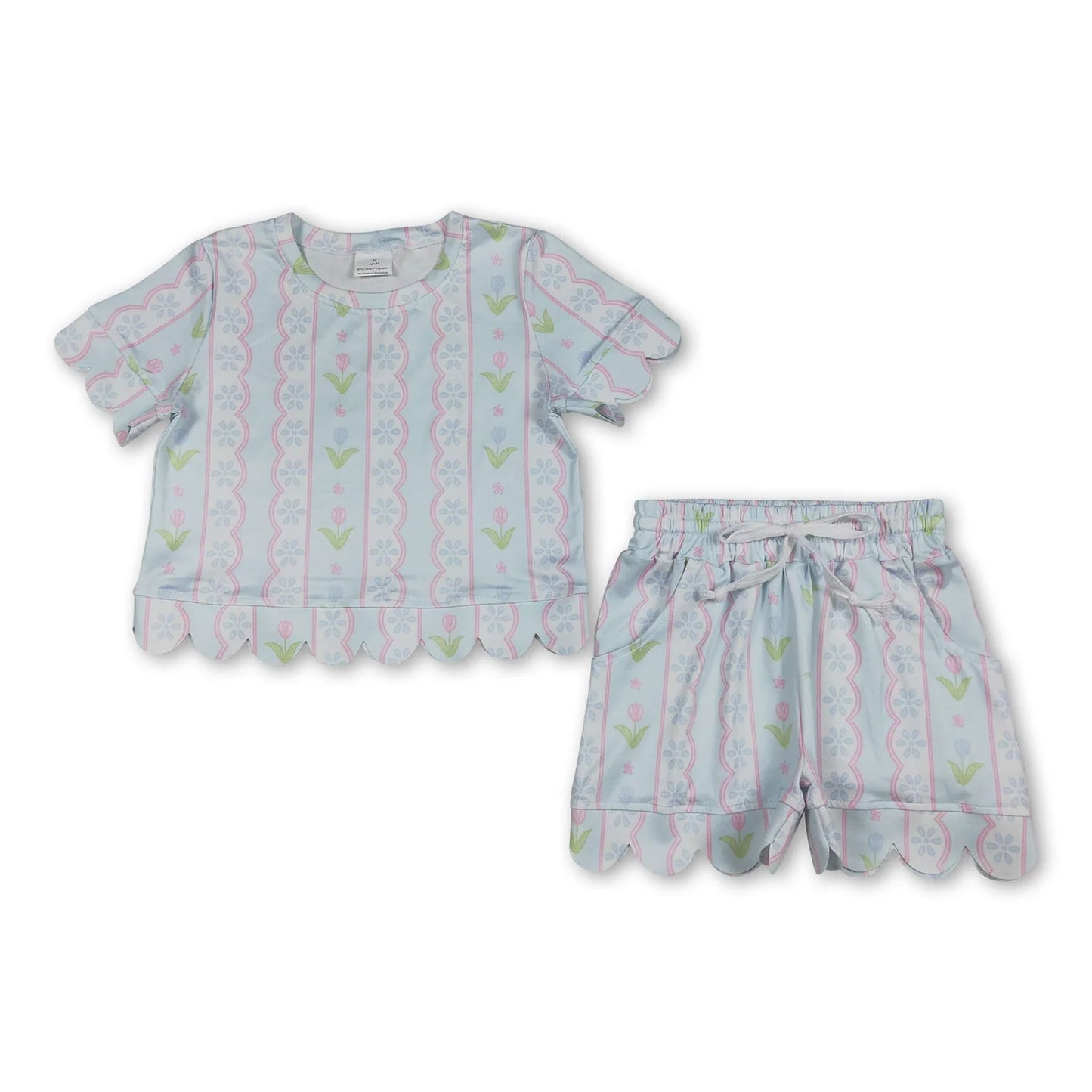 RTS NO MOQ Sibling milk silk Baby Girls Colorful Flowers Short Sleeve Shirt Scallop Casual Shorts Clothing Suit