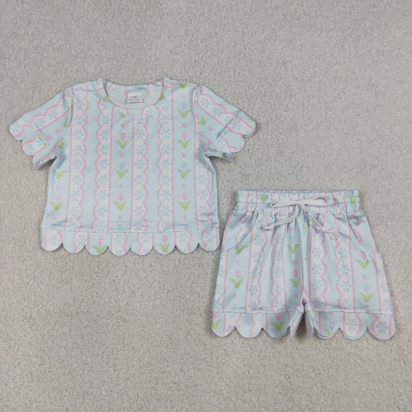 RTS NO MOQ GSSO3412 Baby Girls' Clothes Set with Floral Stripe Top And Scallop Shorts Outfit for Infants