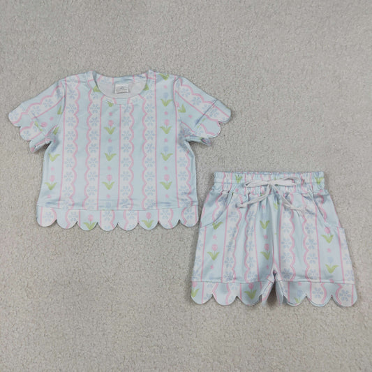 RTS NO MOQ GSSO3412 Baby Girls' Clothes Set with Floral Stripe Top And Scallop Shorts Outfit for Infants