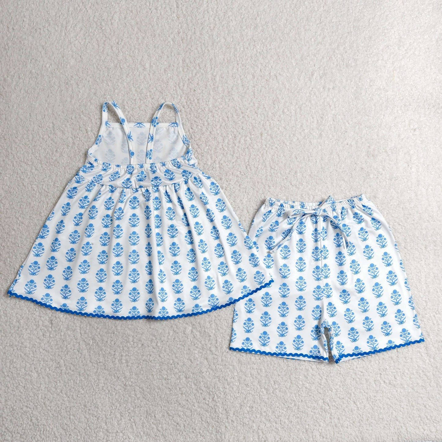 RTS NO MOQ milk silk GSSO3416 Baby Girls Summer Strap Blue Flowers Tunic Short Clothes Sets