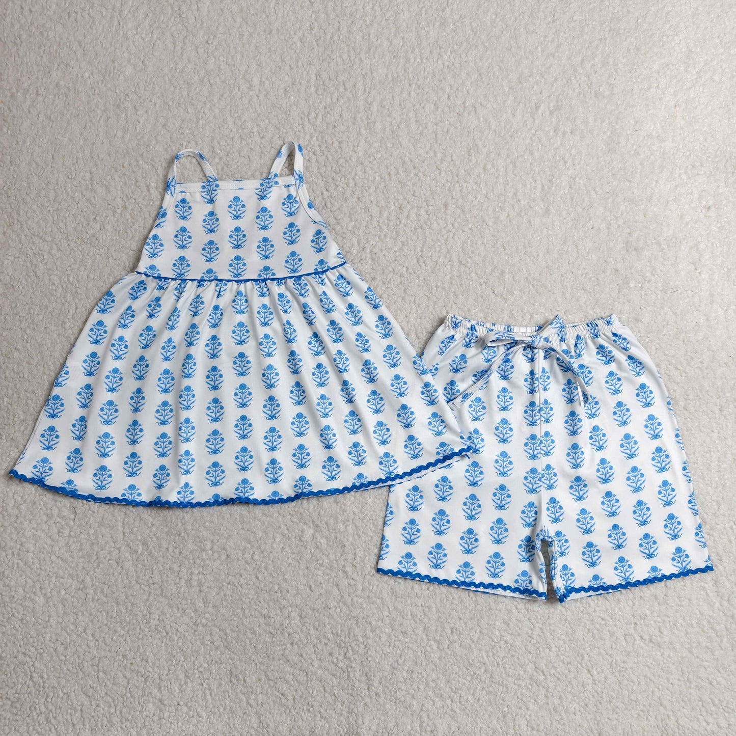RTS NO MOQ milk silk GSSO3416 Baby Girls Summer Strap Blue Flowers Tunic Short Clothes Sets