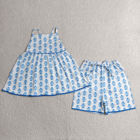 RTS NO MOQ milk silk GSSO3416 Baby Girls Summer Strap Blue Flowers Tunic Short Clothes Sets