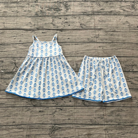 (Sample) No moq milk silk GSSO3416 Baby Girls Strap Blue Flowers Tunic Short Clothes Sets