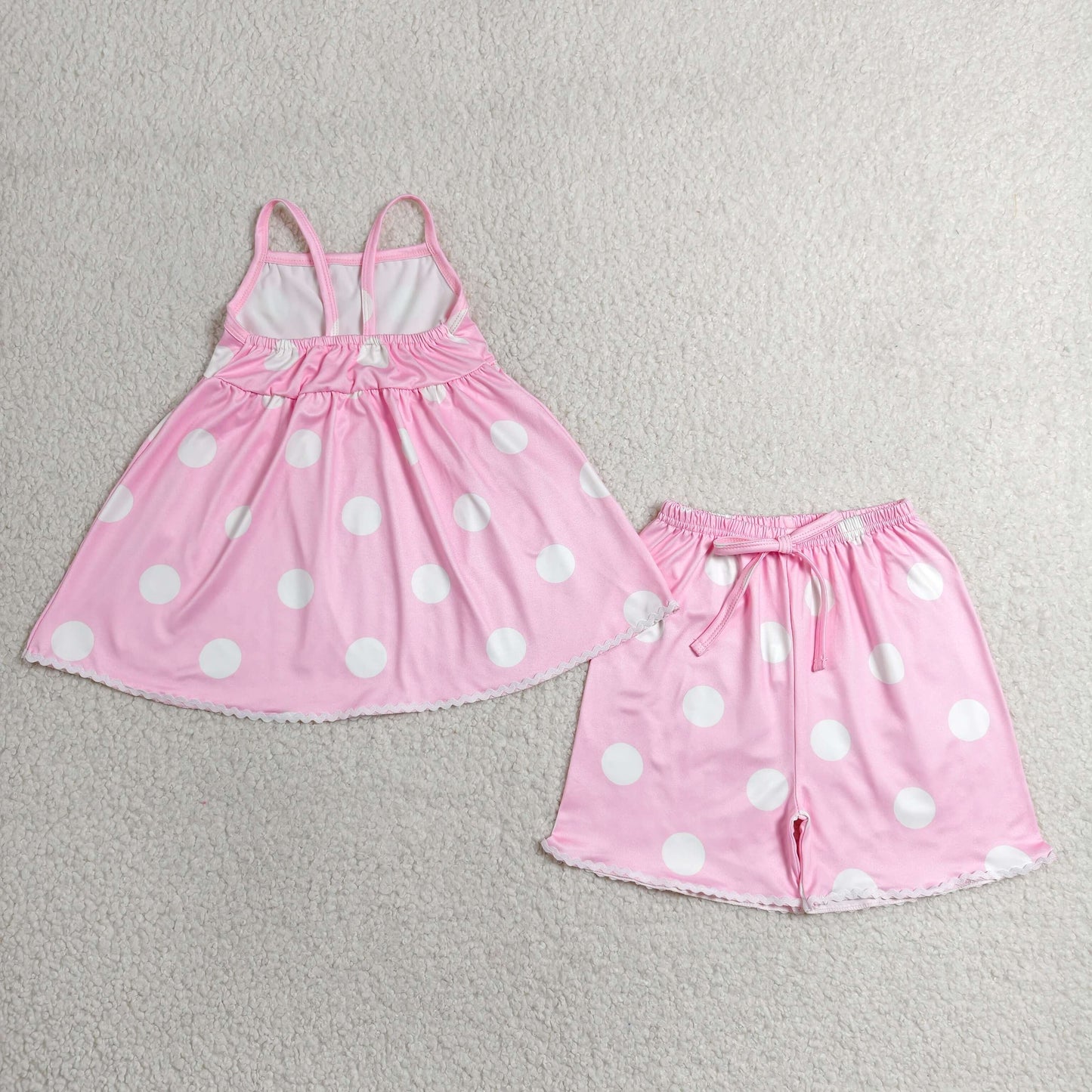 RTS NO MOQ milk silk GSSO3417 Baby Girls Pink Polka Dot Strap Top Casual Short Pants Set