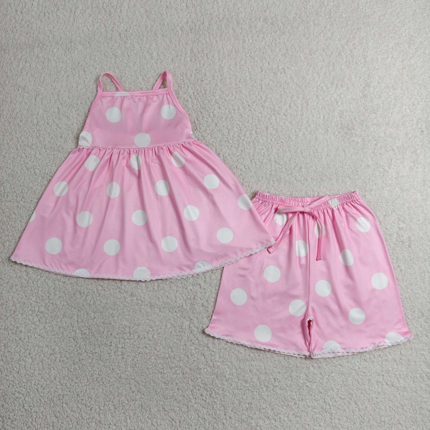 RTS NO MOQ milk silk GSSO3417 Baby Girls Pink Polka Dot Strap Top Casual Short Pants Set