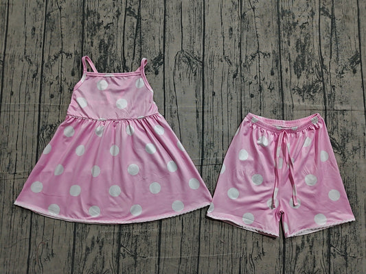 (Pre Order) No moq GSSO3417 Baby Girls Cute Pink Polka Dot Strap Top Casual Short Pants Outfit
