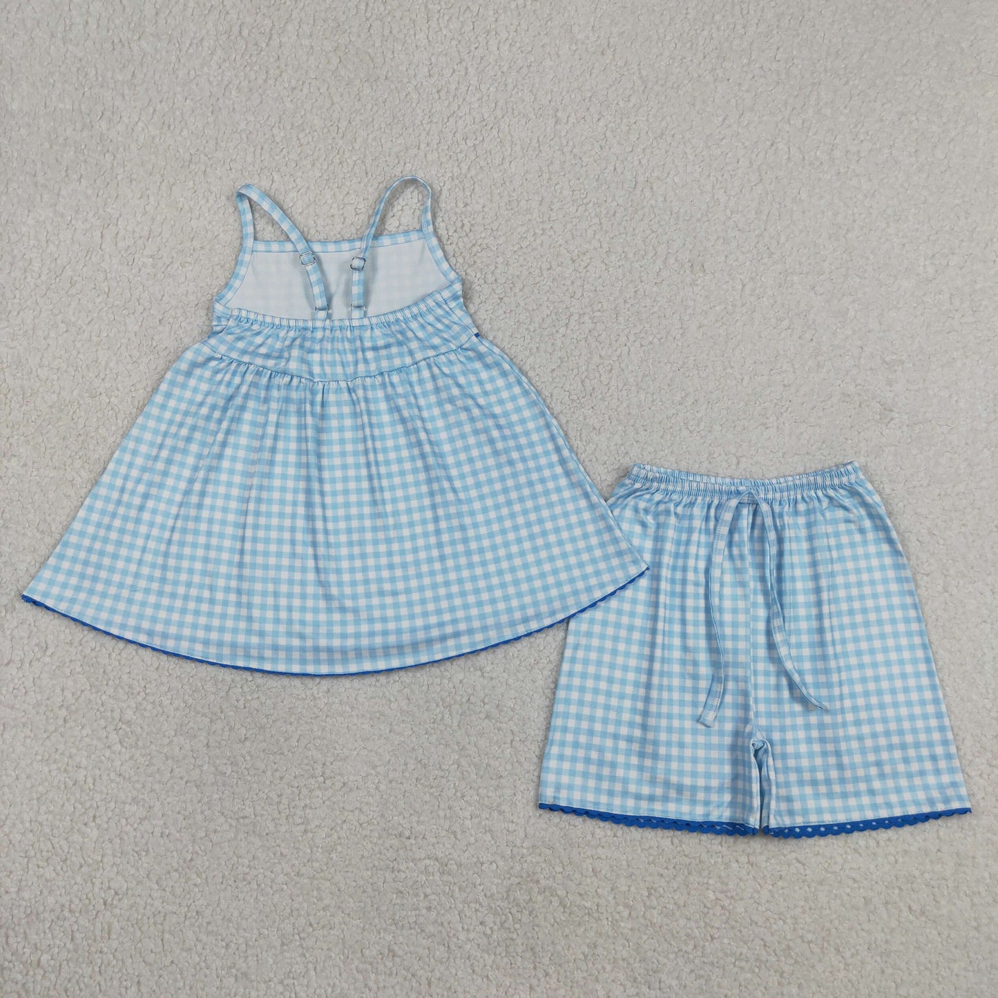 RTS NO MOQ GSSO3418 Baby Girls Cute Blue Checked Strap Tunic Short Clothes Sets