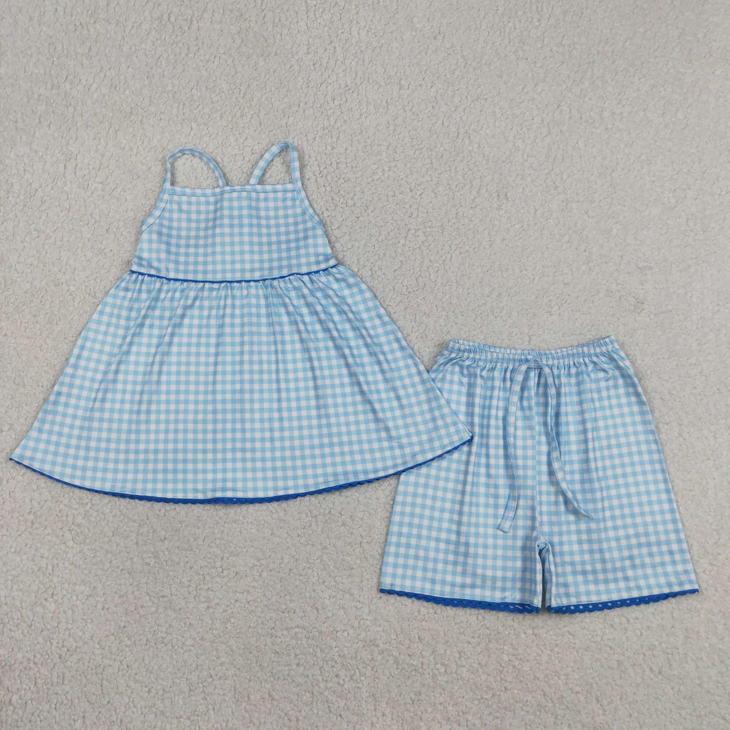 RTS NO MOQ GSSO3418 Baby Girls Cute Blue Checked Strap Tunic Short Clothes Sets