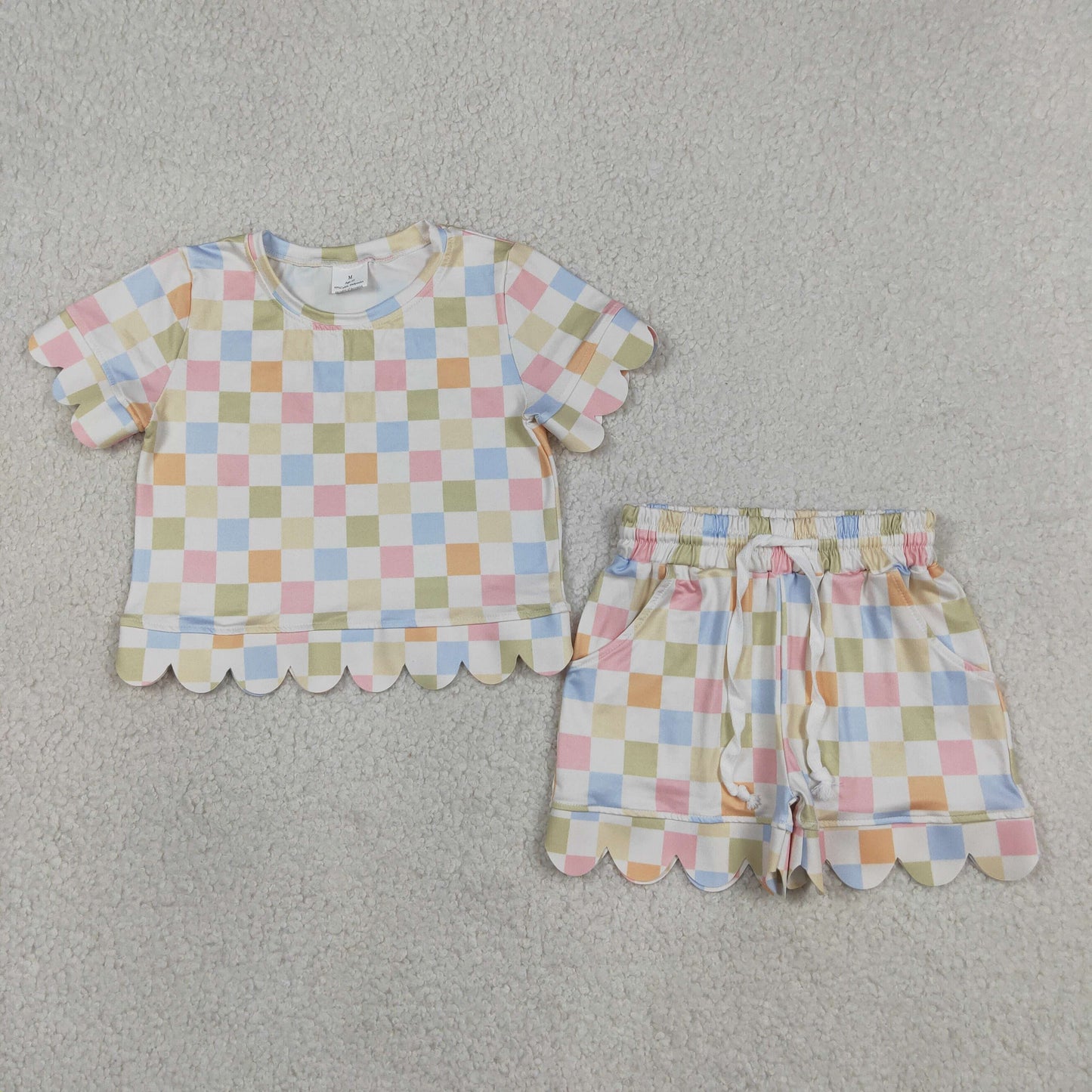 RTS NO MOQ GSSO3419 Baby Girls Summer Colorful Checked Scallop Edge Pocket Short Set