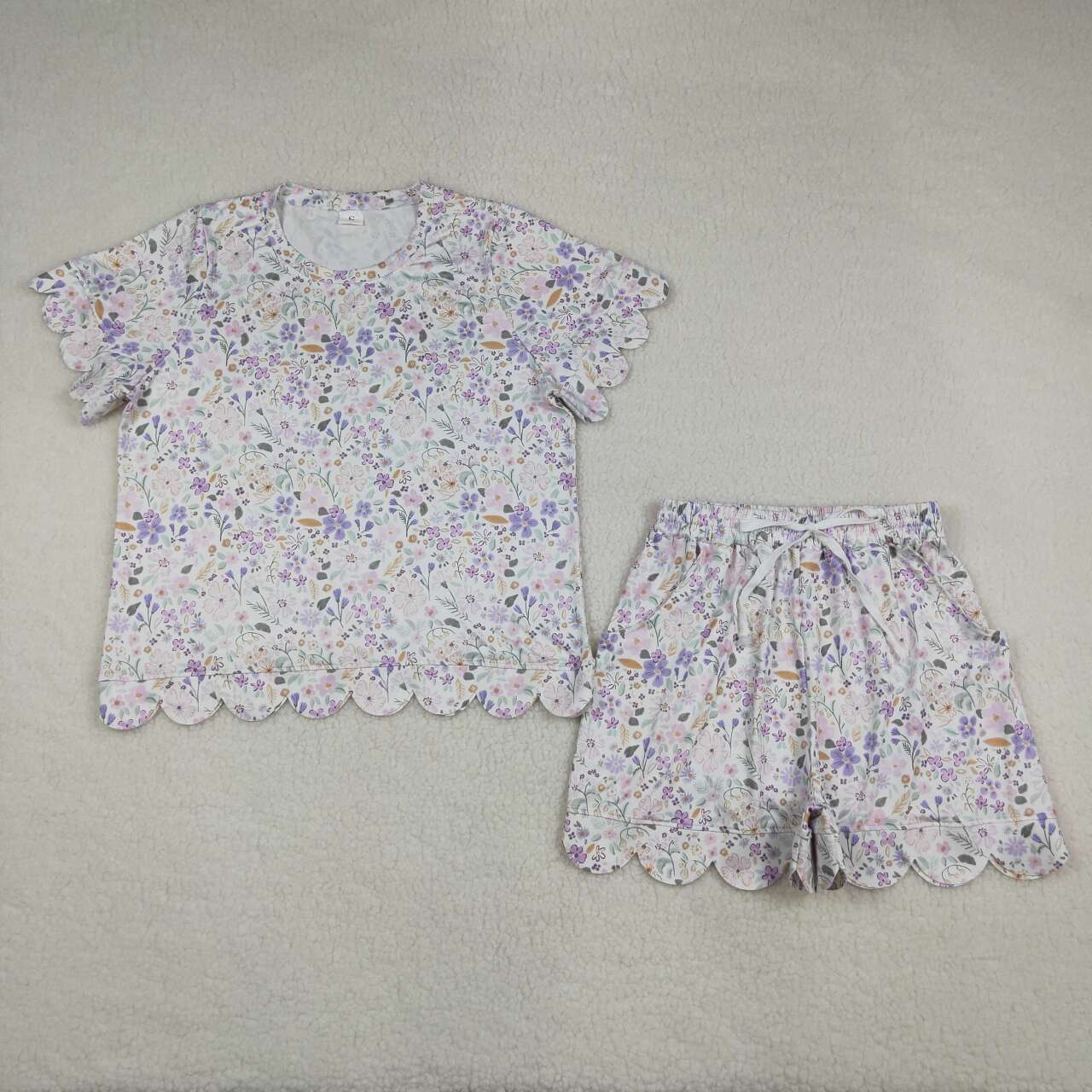 RTS NO MOQ milk silk GSSO3420 Womens Floral Print Pocket Top Scallop Hem Shorts Two Piece Set