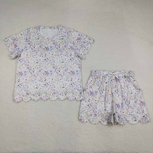 RTS NO MOQ milk silk GSSO3420 Womens Floral Print Pocket Top Scallop Hem Shorts Two Piece Set
