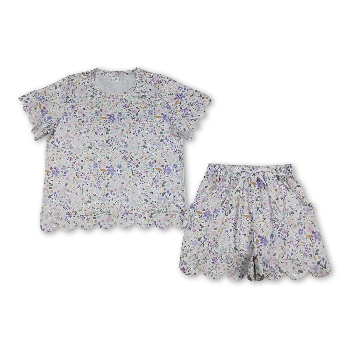 RTS NO MOQ Sibling milk silk Adult Women's Bows Flowers Stripe Short Sleeve Shirt Top with Pockets Short Scallop Clothes Set