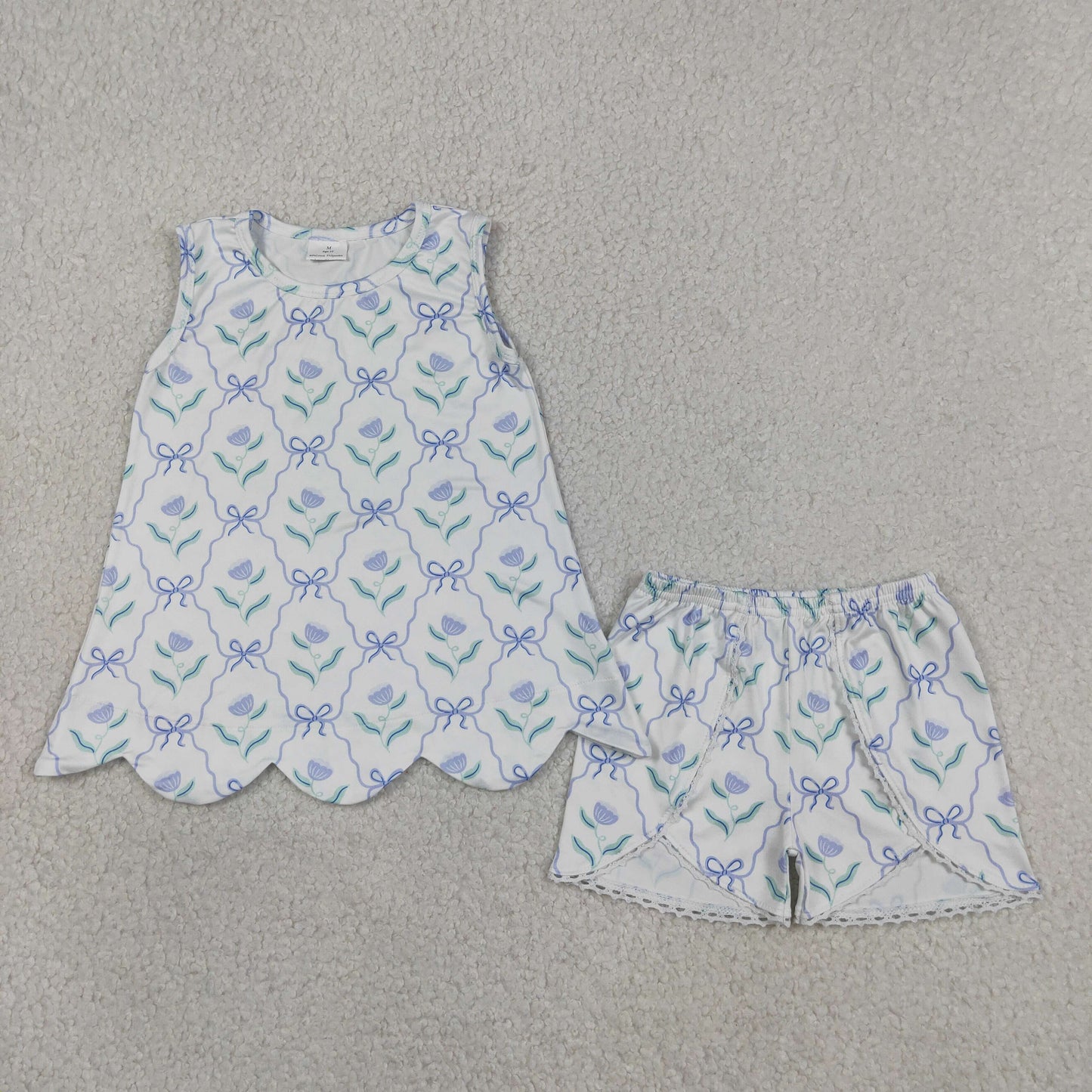 RTS NO MOQ GSSO3426 Baby Girls Blue Bow Floral Checked Scallop Tunic Shorts Set Daily Outfit