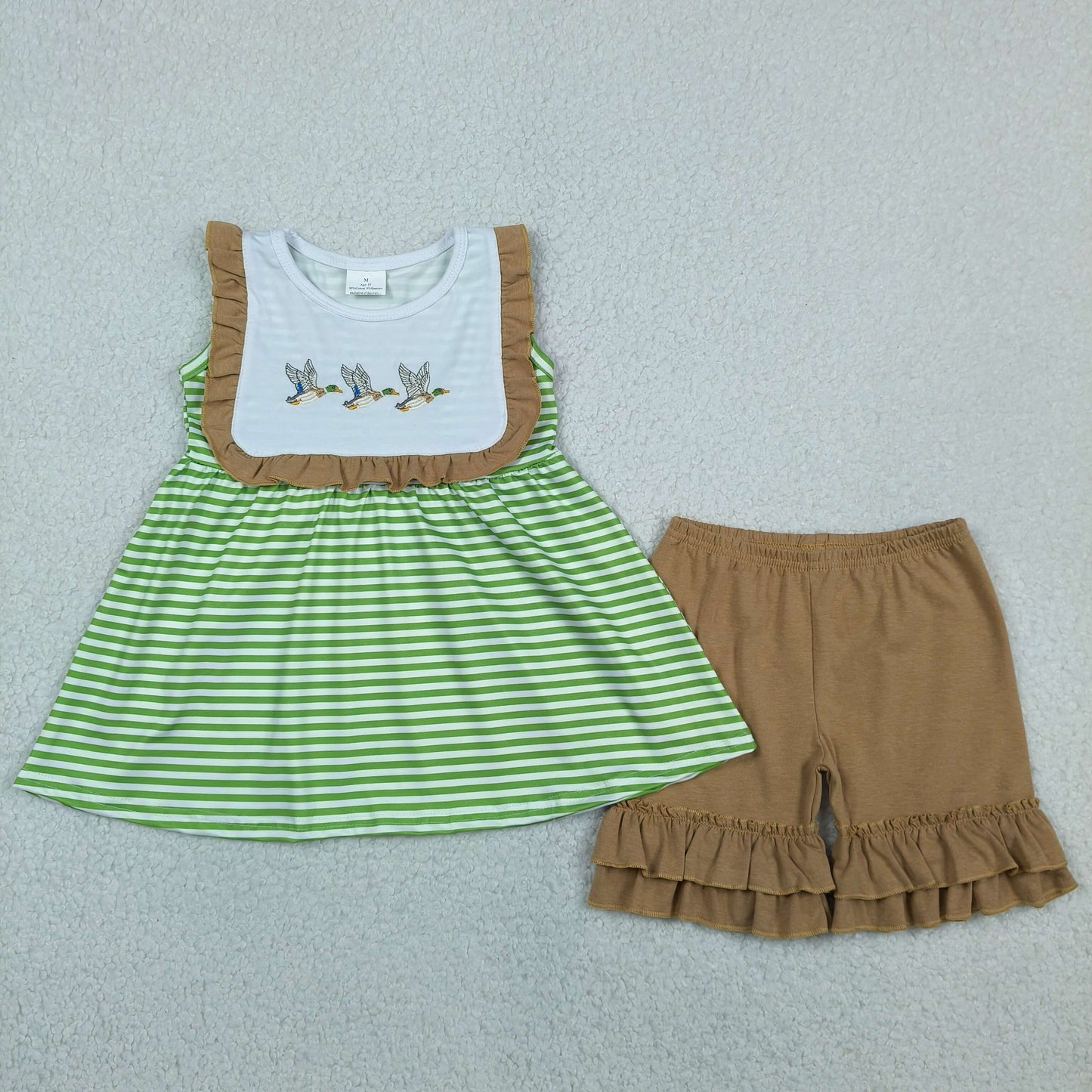 RTS NO MOQ GSSO3432 Toddler Girls Duck Embroidery Sleeveless Stripe Tunic Ruffle Short Clothes