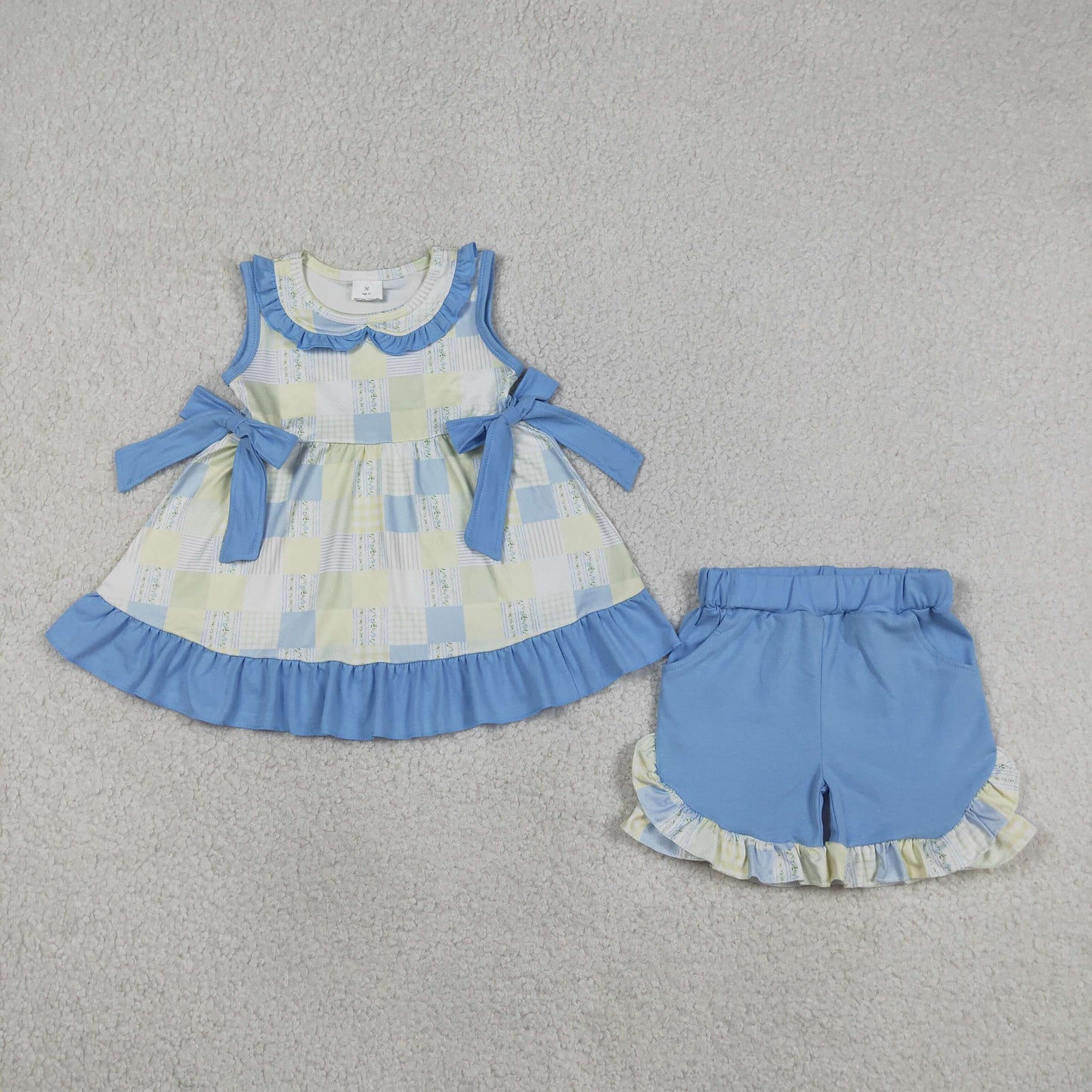 RTS NO MOQ milk silk GSSO3439 Baby Girls Checked Collar Floral Print Tunic Pockets Ruffle Shorts Set