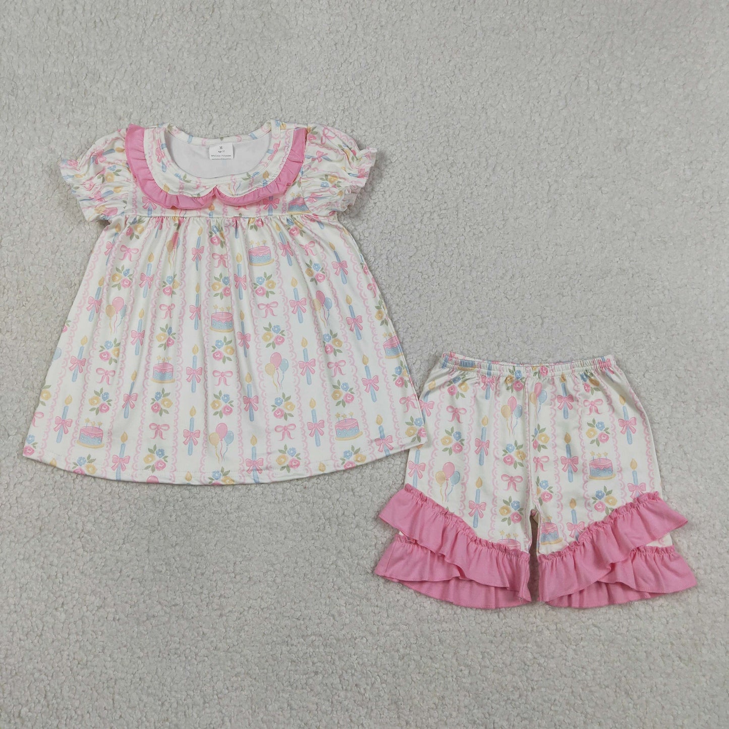 RTS NO MOQ GSSO3445 Baby Girls Summer Stripe Collar Colorful Bow Floral Short Set