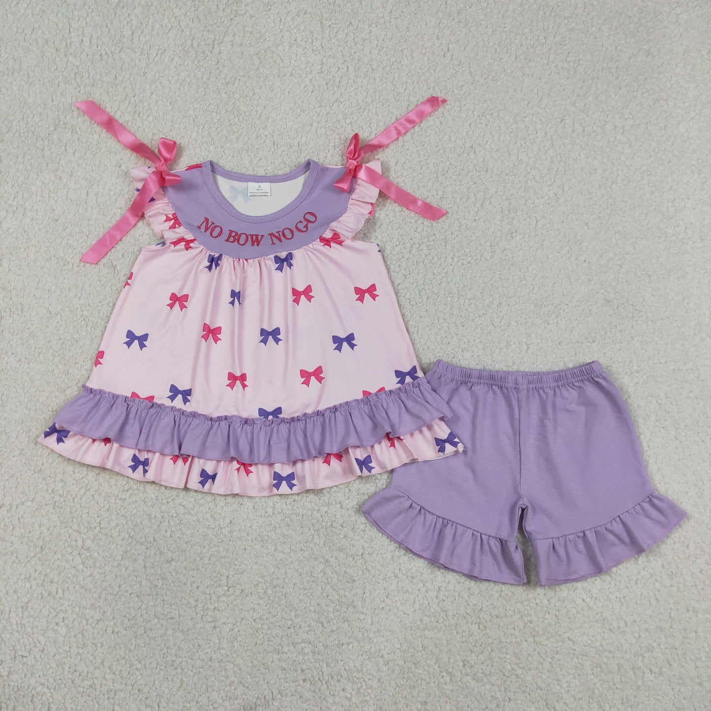 RTS NO MOQ milk silk GSSO3460 Baby Girls Embroidery Letter No Bows No Go Tunic Ruffle Shorts Sets