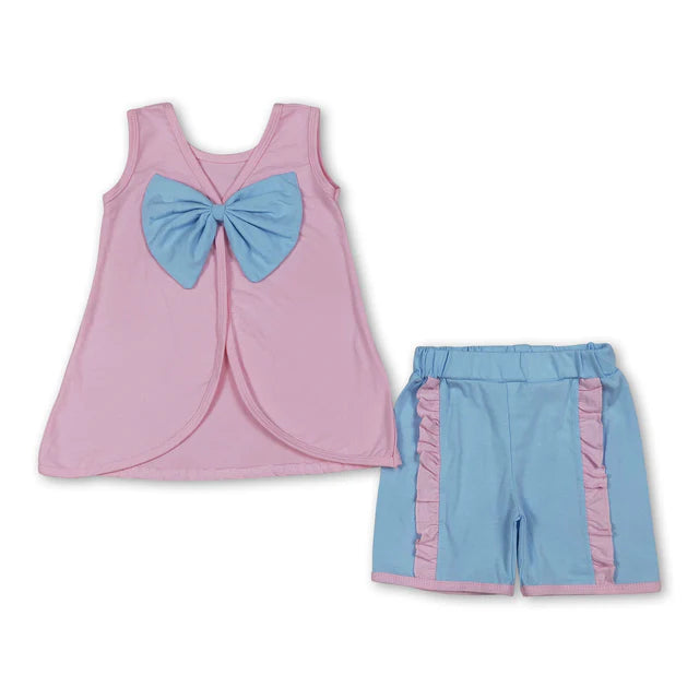 RTS NO MOQ milk silk Sibling Baby Girls Sleeveless Back Bows Tunic Ruffle Shorts Clothes Sets