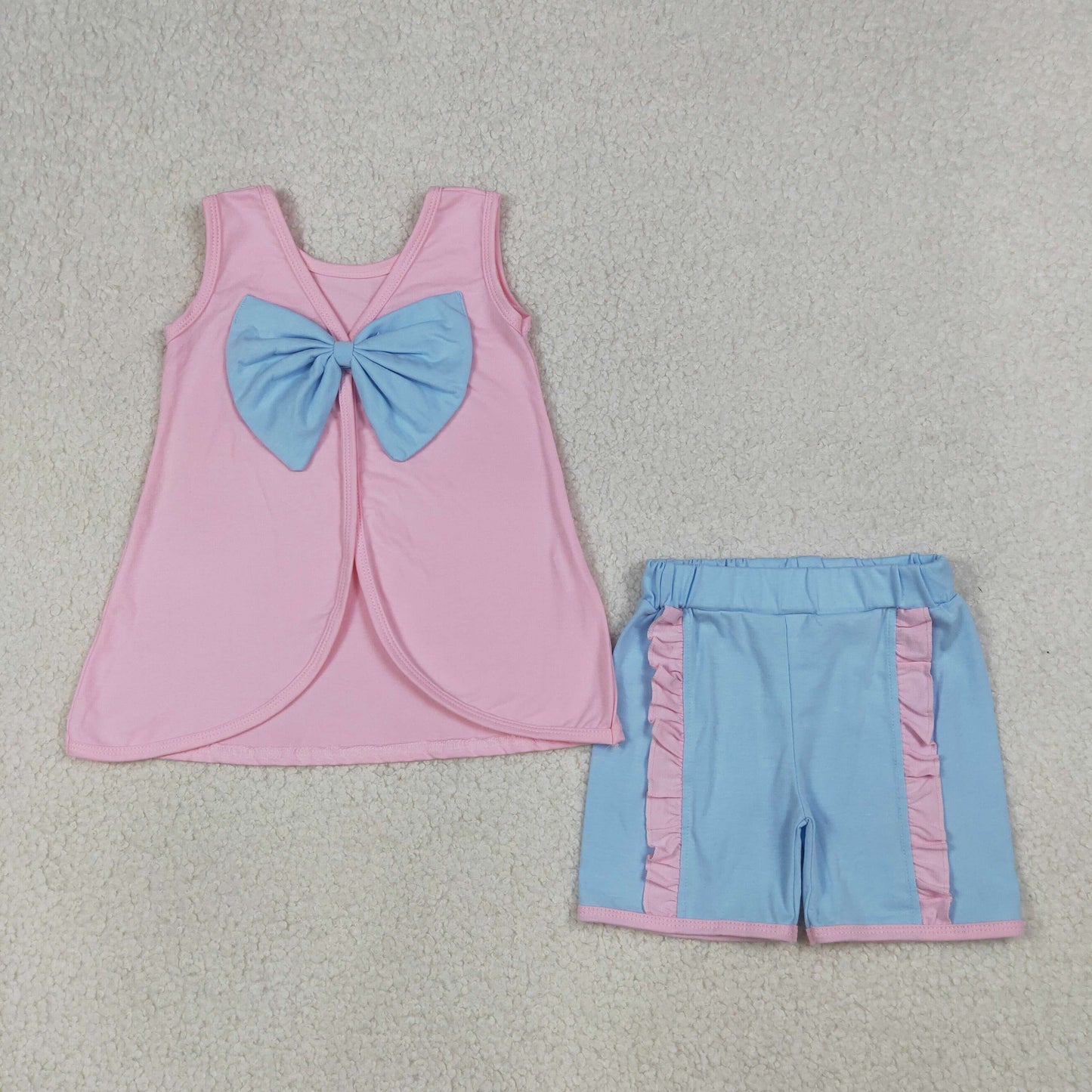 RTS NO MOQ Sibling Baby Girls Sleeveless Back Bows Tunic Top with Ruffle Shorts Outfit Set Cute Toddler Clothing