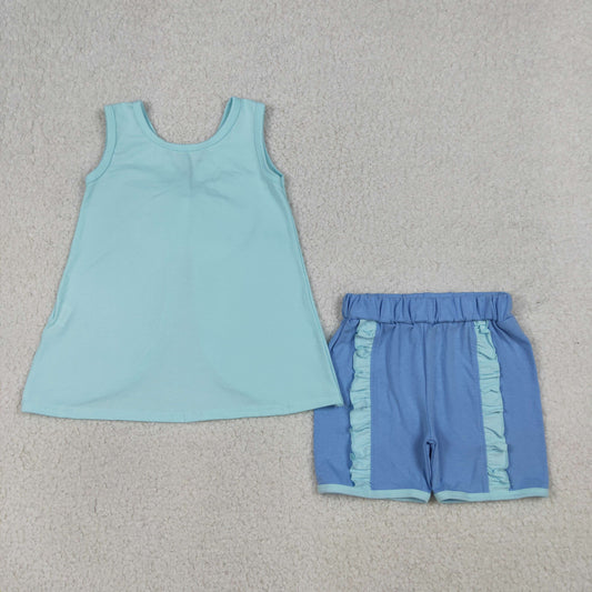 RTS NO MOQ GSSO3463 Baby Girls Blue Sleeveless Tunic with Back Bows Ruffle Shorts Outfit Set for Infants