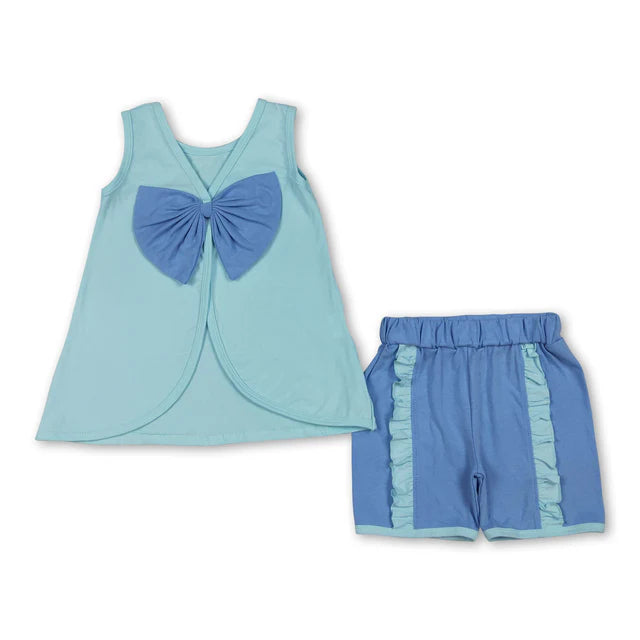 RTS NO MOQ milk silk Sibling Baby Girls Sleeveless Back Bows Tunic Ruffle Shorts Clothes Sets