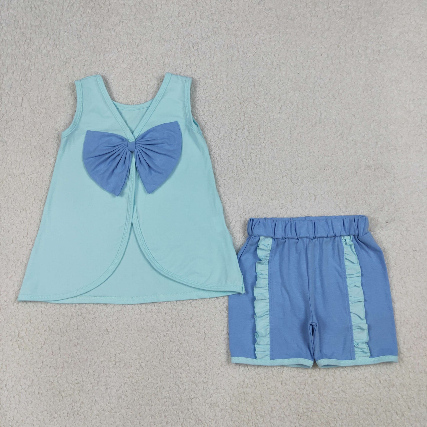 RTS NO MOQ Sibling Baby Girls Sleeveless Back Bows Tunic Top with Ruffle Shorts Outfit Set Cute Toddler Clothing