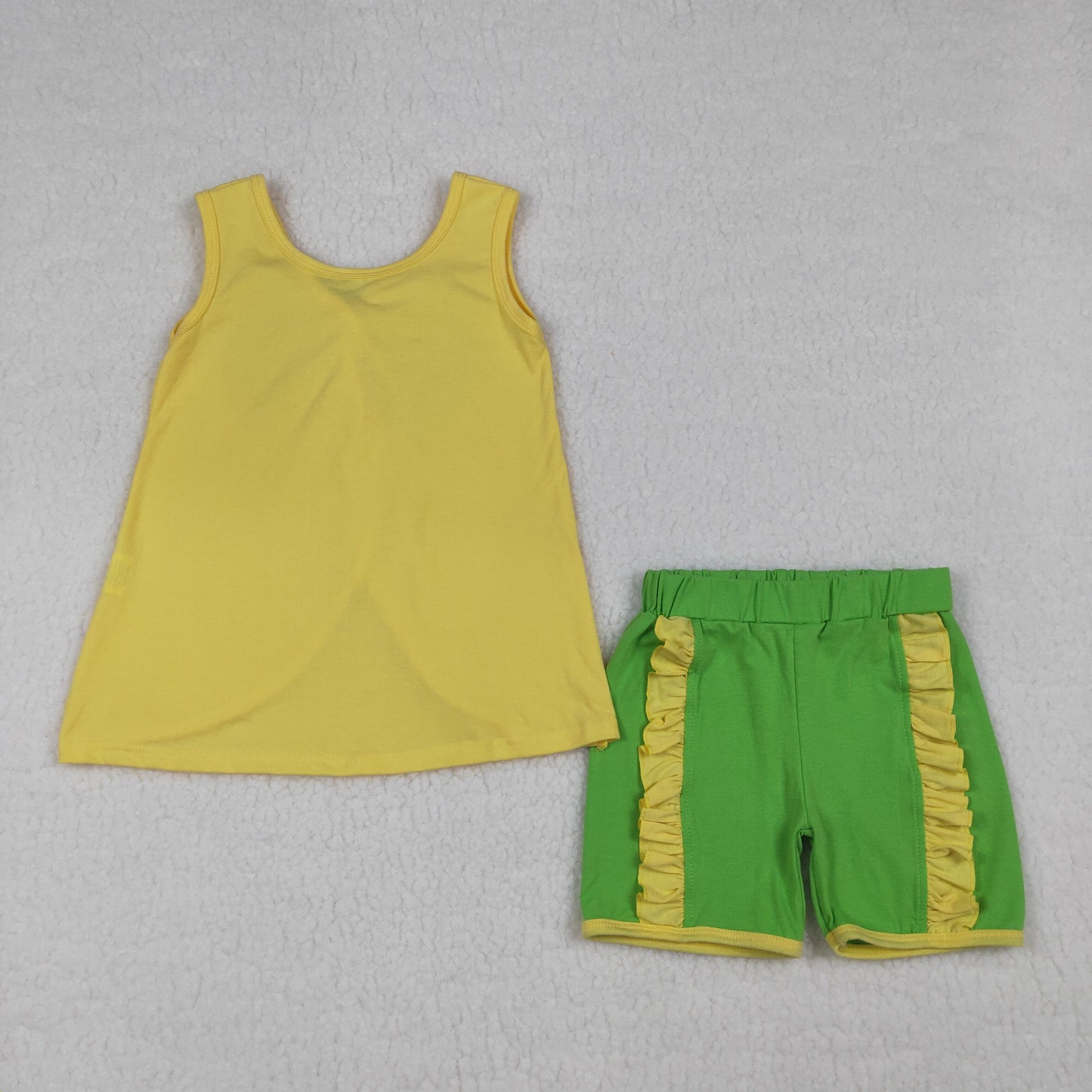 RTS NO MOQ GSSO3464 Baby Girls Green Ruffle Shorts Outfit Sleeveless Back Bows Tunic Top And Bottoms Set for Spring Summer
