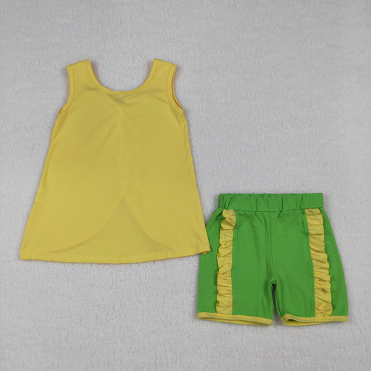 RTS NO MOQ GSSO3464 Baby Girls Green Ruffle Shorts Outfit Sleeveless Back Bows Tunic Top And Bottoms Set for Spring Summer