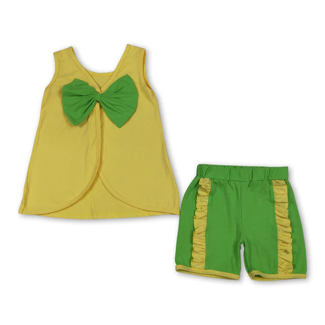 RTS NO MOQ milk silk Sibling Baby Girls Sleeveless Back Bows Tunic Ruffle Shorts Clothes Sets